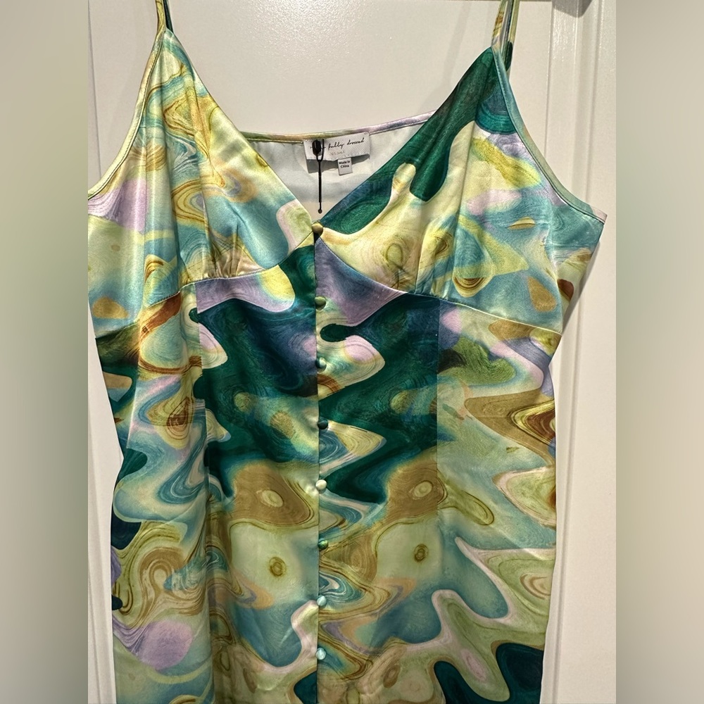 Never Fully Dressed Marble-Print Satin Maxi Dress in Teal, Yellow & Lilac